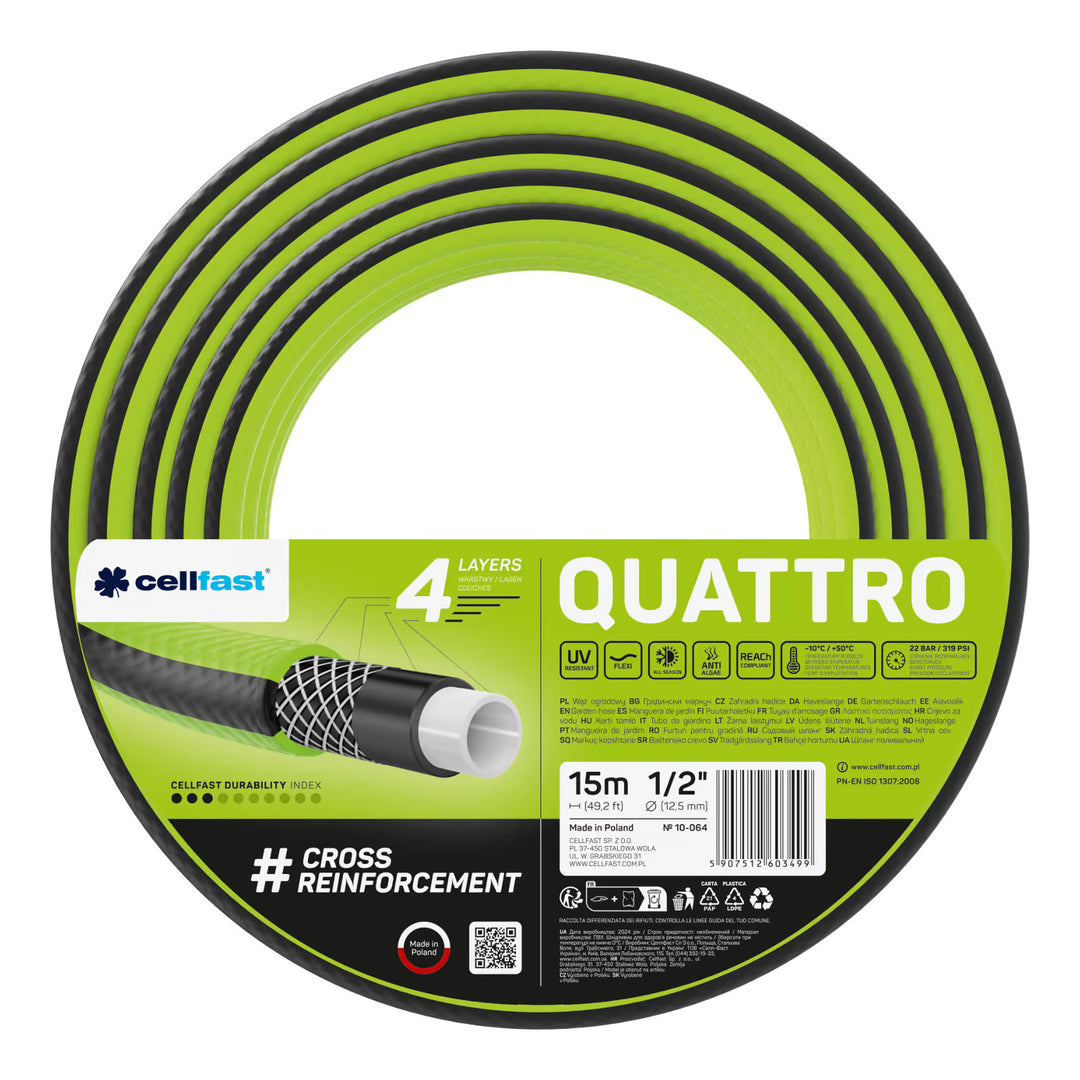 Chariot pour tuyau Cellfast Aluplus 1/2" 60 m + tuyau d'arrosage Cellfast Quattro 1/2" 15 m + ensemble avec arroseur droit Cellfast Basic 1/2"