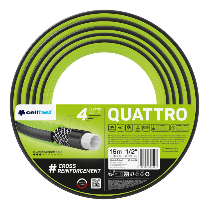 Chariot pour tuyau Cellfast Aluplus 1/2" 60 m + tuyau d'arrosage Cellfast Quattro 1/2" 15 m + ensemble avec arroseur droit Cellfast Basic 1/2"