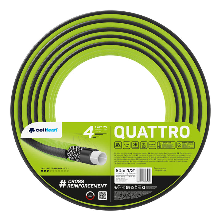 Chariot pour tuyau Cellfast Aluplus 1/2" 60 m + tuyau d'arrosage Cellfast Quattro 1/2" 50 m + ensemble avec arroseur droit Cellfast Basic 1/2"