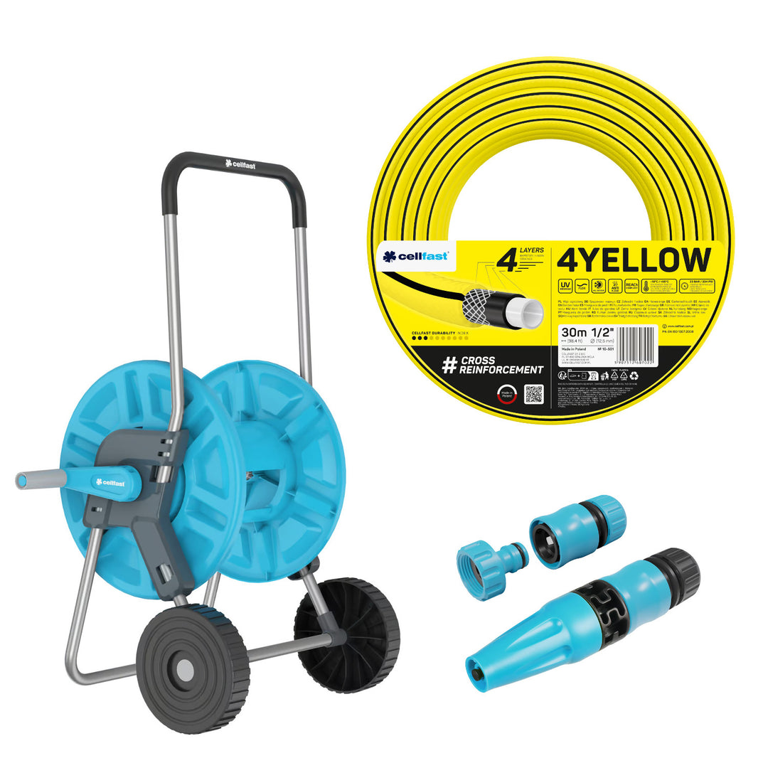 Chariot pour tuyau Cellfast Aluplus 1/2" 60 m + tuyau d'arrosage Cellfast 4YELLOW 1/2" 30 m + kit avec arroseur droit Cellfast Basic 1/2"