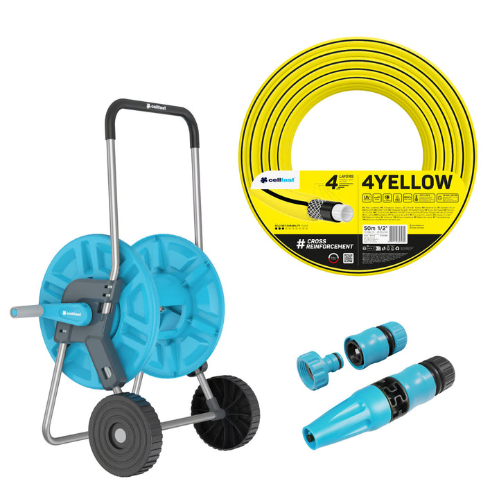 Cellfast Aluplus 1/2" 60m Hose Cart + Cellfast 4YELLOW 1/2" 50m Garden Hose + Set with Cellfast Basic 1/2" Straight Sprinkler