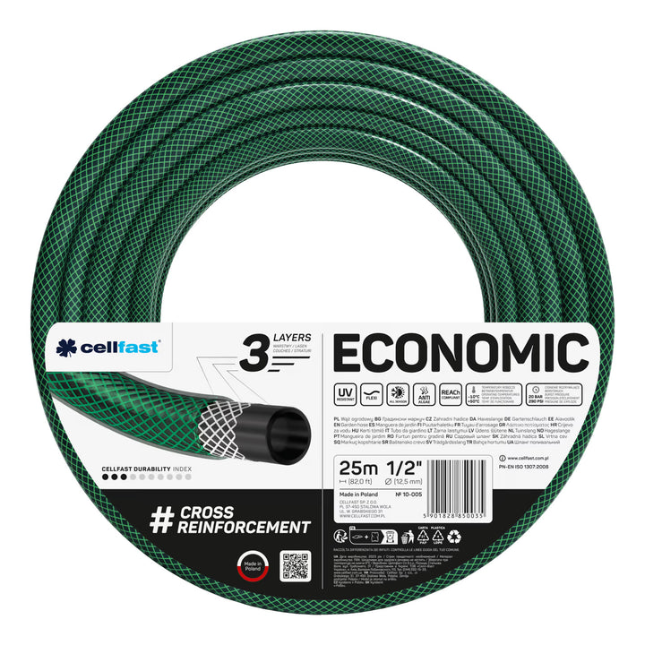 Cellfast Economic 1/2" 25m Garden Hose + Cellfast Gray Hose Hanger + Cellfast Basic 1/2" Straight Sprinkler Set