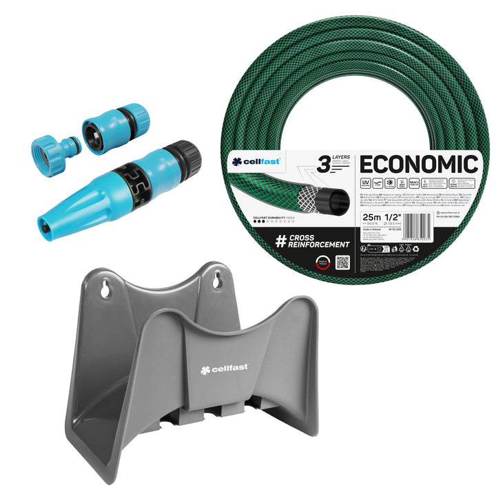 Cellfast Economic 1/2" 25m Garden Hose + Cellfast Gray Hose Hanger + Cellfast Basic 1/2" Straight Sprinkler Set