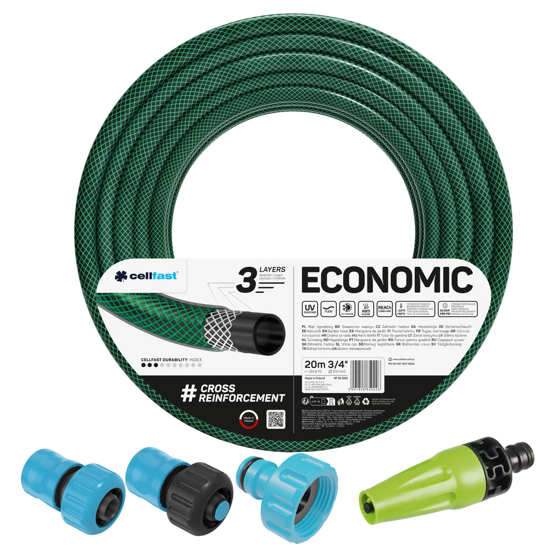 Cellfast Economic 3/4" 20m Garden Hose + Straight Sprinkler Head + 3/4" Female Threaded Connector + 3/4" Straight and Stop Quick-Connect Fitting