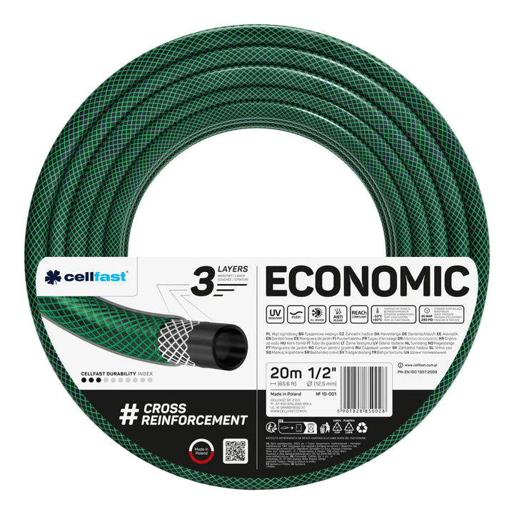 Cellfast Economic Gartenschlauch 1/2" 20 m + gerader Sprühkopf + Anschluss mit 3/4"-Innengewinde + Durchgangs- und Absperr-Schnellkupplung 1/2"