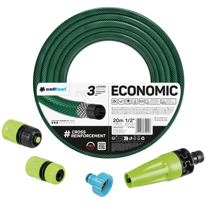 Cellfast Economic Gartenschlauch 1/2" 20 m + gerader Sprühkopf + Anschluss mit 3/4"-Innengewinde + Durchgangs- und Absperr-Schnellkupplung 1/2"