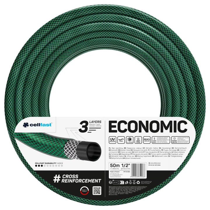 Gartenschlauch Economic 1/2" 50 m + Ständer, Anschluss mit 3/4"-Innengewinde, Anschluss mit 1/2"-Außengewinde, Durchgangs- und Stopp-Schnellkupplung 1/2" + 8-Funktionen-Spritzpistole Cellfast Mix Ideal