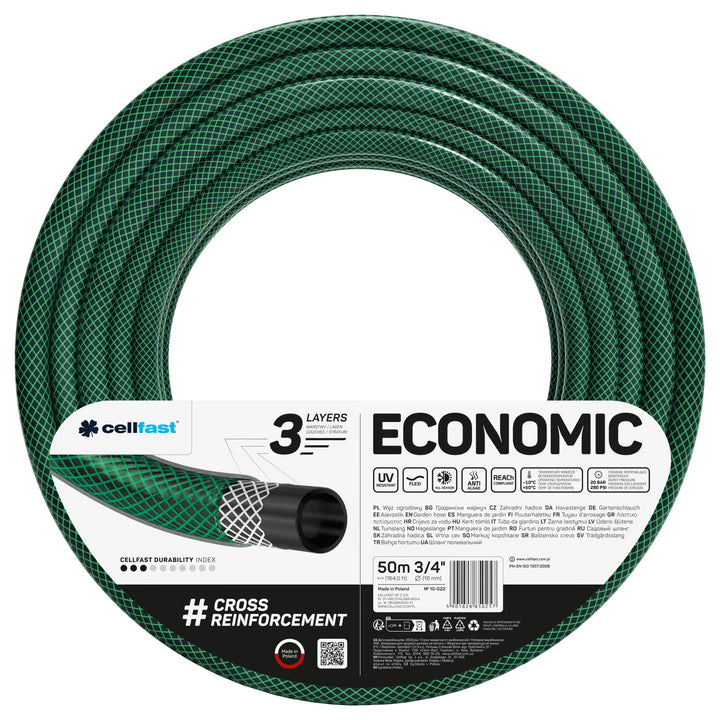 Cellfast Economic Gartenschlauch 3/4" 50 m + Schnellkupplung aus Messing und Durchgang 3/4" + Anschluss mit Innengewinde 3/4" + Schwenkregner + Sprühkopf
