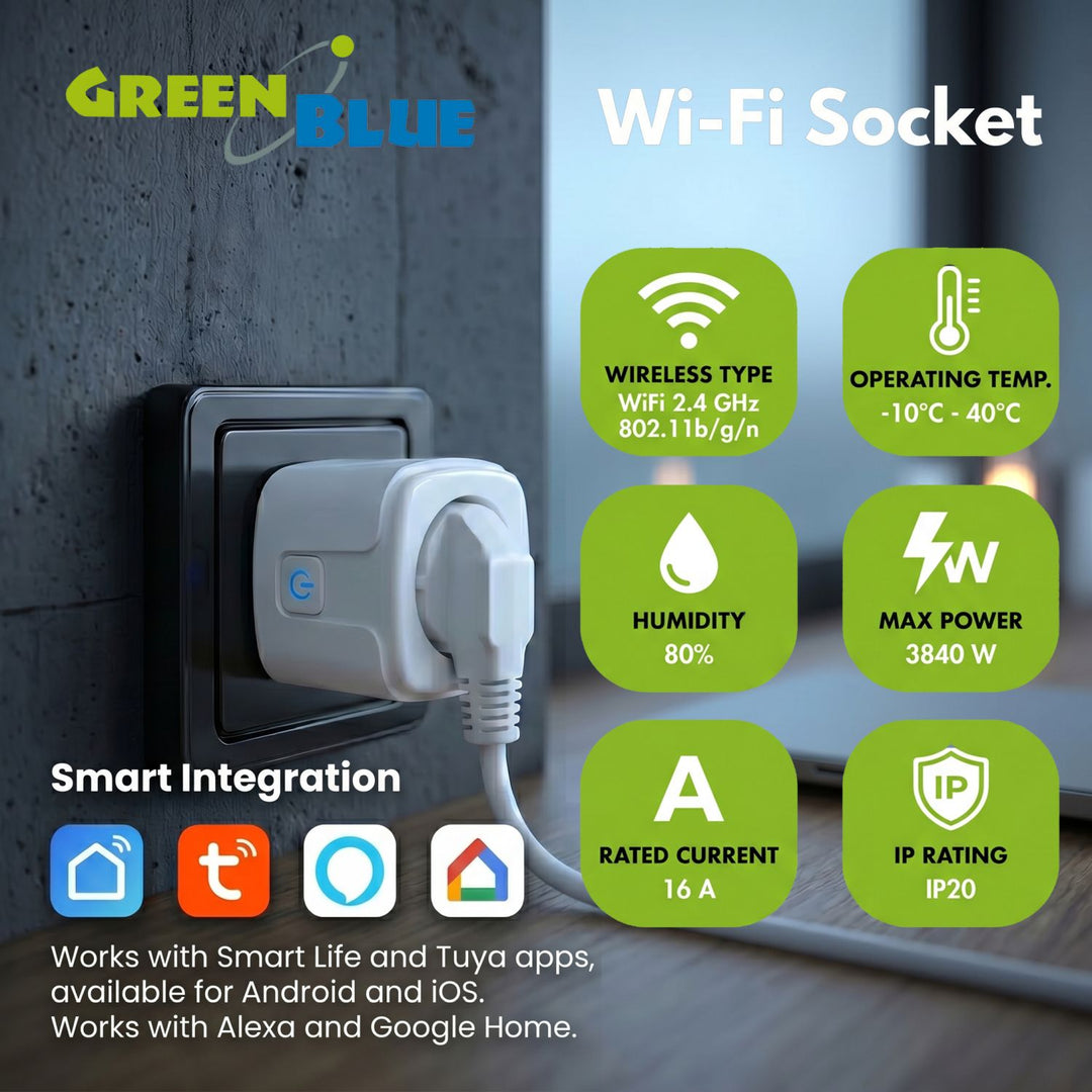 GreenBlue Remote-Controlled WiFi Outlet, Android/iOS/Alexa/Google Home, Timer, Watt Meter, Max 16A/3840W, GB735 W, 2-Pack