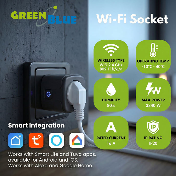 GreenBlue Remote-Controlled WiFi Outlet, Android/iOS/Alexa/Google Home, Timer, Watt Meter, Max 16A/3840W, GB735 B, 2 pieces