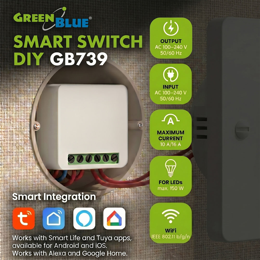 GreenBlue WLAN-Einbaurelais, Android/iOS/Alexa/Google Home, 100–240 V AC, 50/60 Hz, max. 16 A, für LED 150 W, GB739, 2 Stück