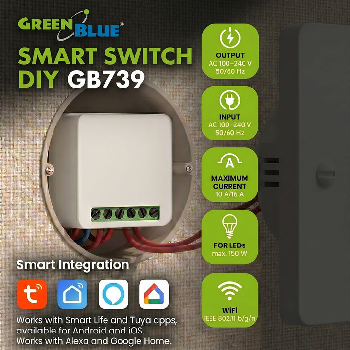 Relais Wi-Fi encastrable GreenBlue, Android/iOS/Alexa/Google Home, 100-240 V CA, 50/60 Hz, 16 A max., pour LED 150 W, GB739, lot de 4