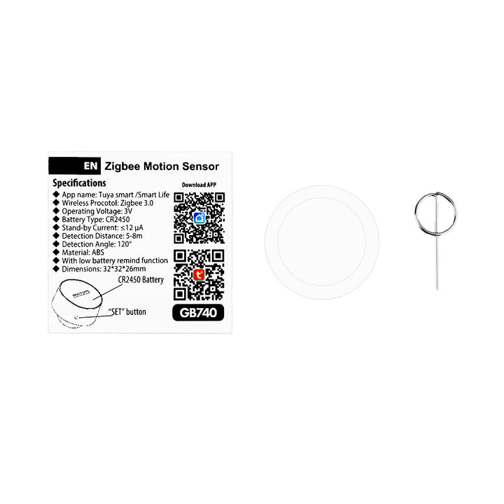Drahtloser Zigbee-Bewegungssensor von Tuya GreenBlue, Android/iOS, CR2450 DC 3,0 V, Erfassungswinkel 120° / bis zu 8 m, GB740, 2 Stück