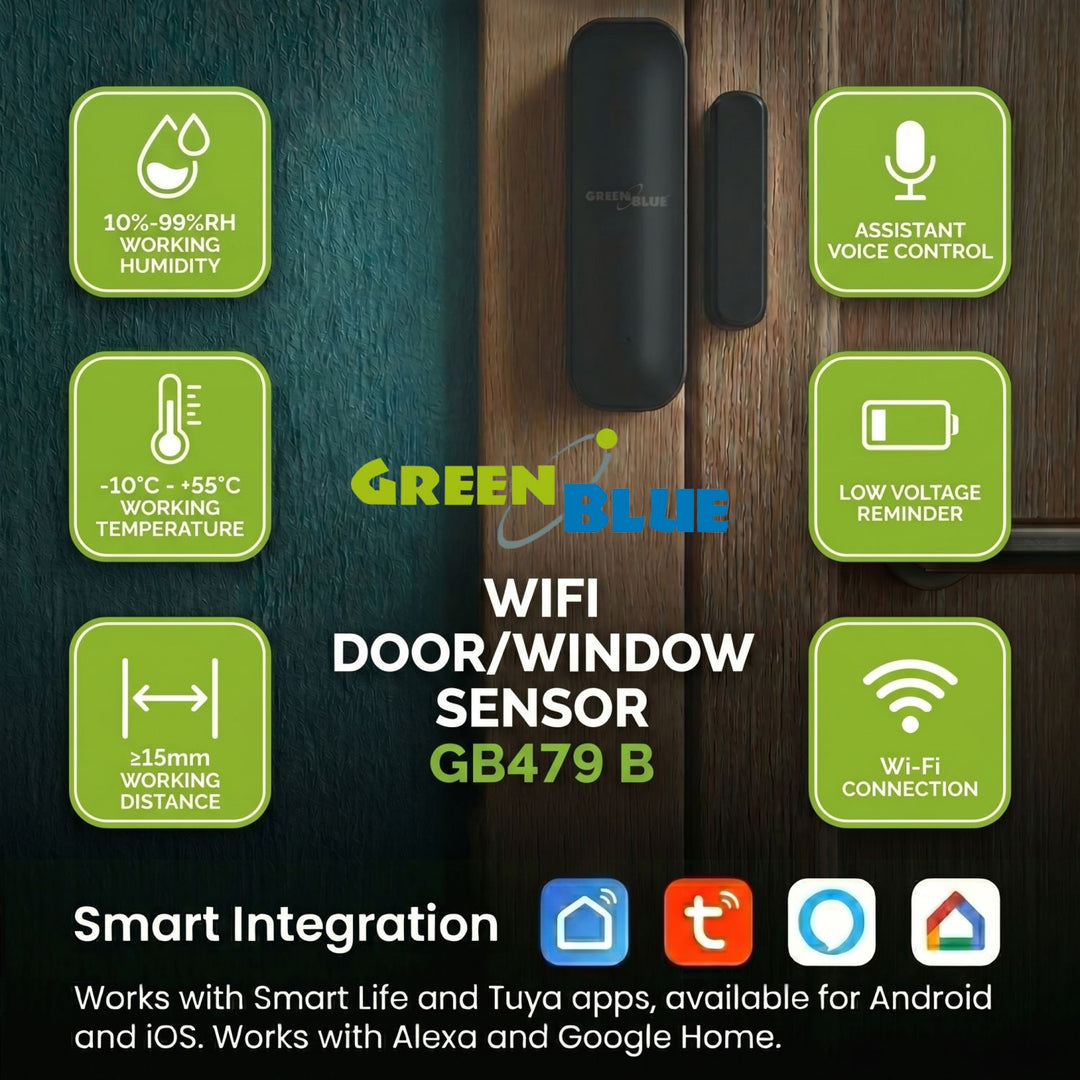 Contacteur sans fil / capteur d'ouverture Wi-Fi GreenBlue, Android/iOS, pour portes / fenêtres, 3,0 V CC, LR03x2, GB479 B, 2 kits