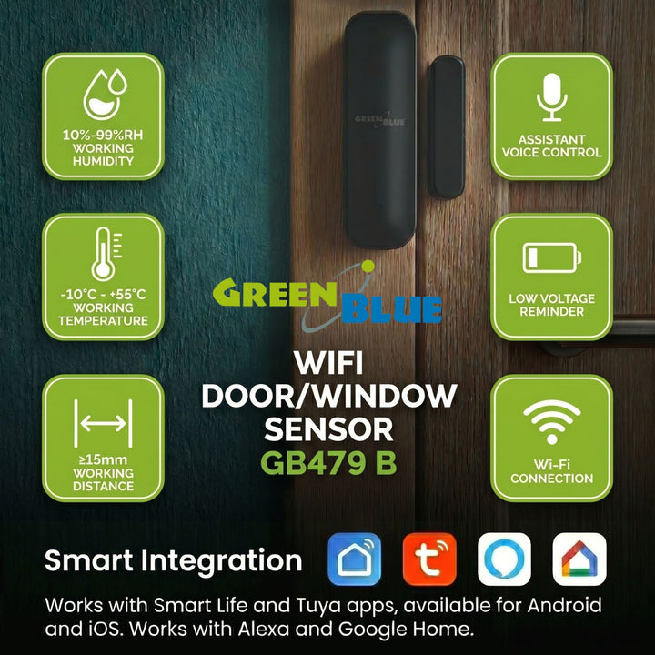 Contacteur sans fil / capteur d'ouverture Wi-Fi GreenBlue, Android/iOS, pour portes / fenêtres, 3,0 V CC, LR03x2, GB479 B, 2 kits