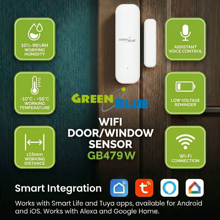 Contacteur sans fil / capteur d'ouverture Wi-Fi GreenBlue, Android/iOS, pour portes / fenêtres, 3,0 V CC, LR03x2, GB479 W, 2 kits