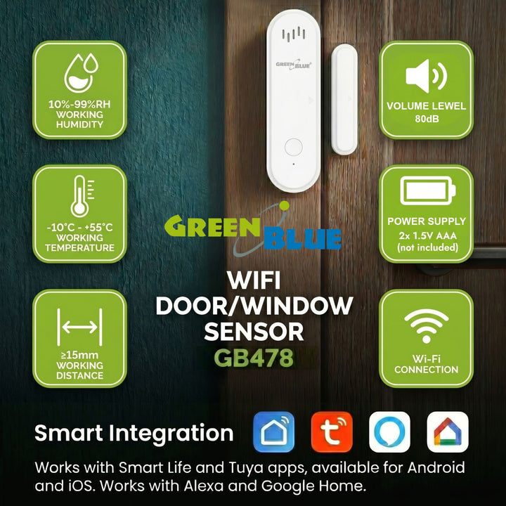 Drahtloser Reed-Schalter / WLAN-Öffnungssensor von GreenBlue, Android/iOS, für Türen / Fenster, 3,0 V DC, LR03x2, mit Alarm, GB478, 2 Sets