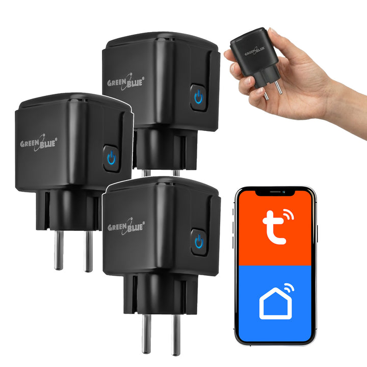 GreenBlue Remote-Controlled WiFi Outlet, Android/iOS/Alexa/Google Home, Timer, Watt Meter, Max 16A/3840W, GB735 B, 3 pieces