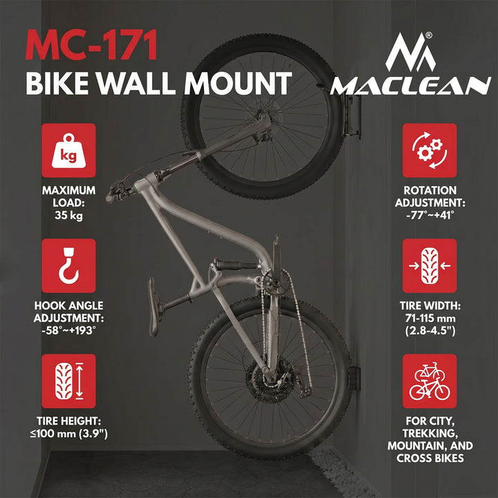 Maclean Wall-Mounted Bike Rack/Hanger, max. load 35 kg, adjustable tilt angle, steel, MC-171, 3 pieces
