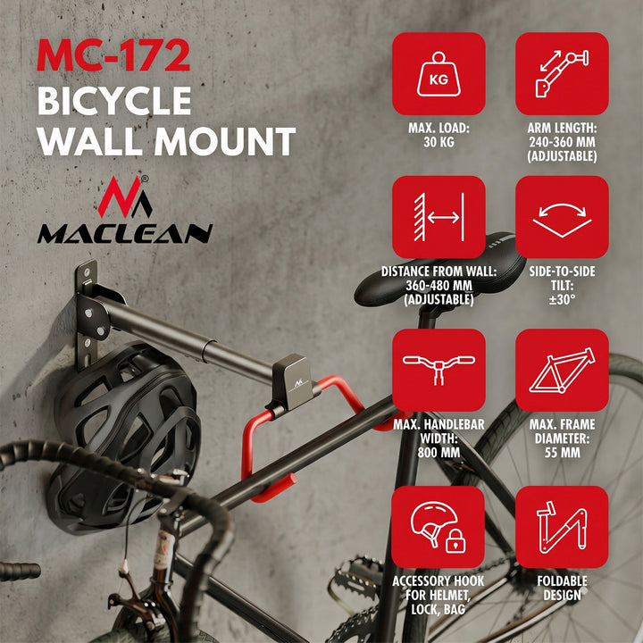 Maclean Horizontal Wall-Mounted Bike Rack, steel, max. load 30 kg, adjustable angle, MC-172, 3 pieces