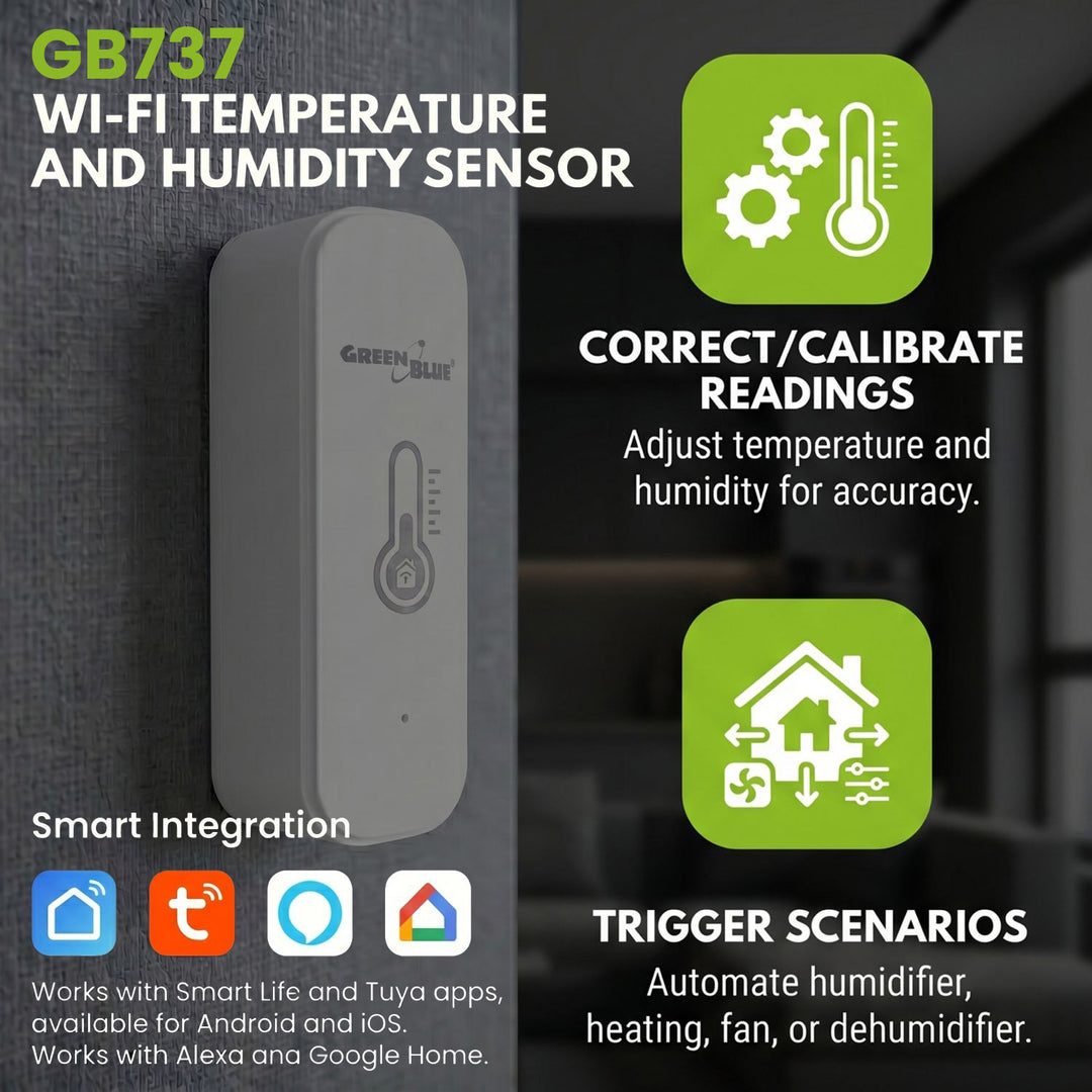 GreenBlue WiFi Temperature and Humidity Sensor, Android/iOS/Alexa/Google Home, 3.0V DC, LR03x2, GB737 + 2x R-03 LR03 AAA Alkaline Batteries by Varta Industrial 4003