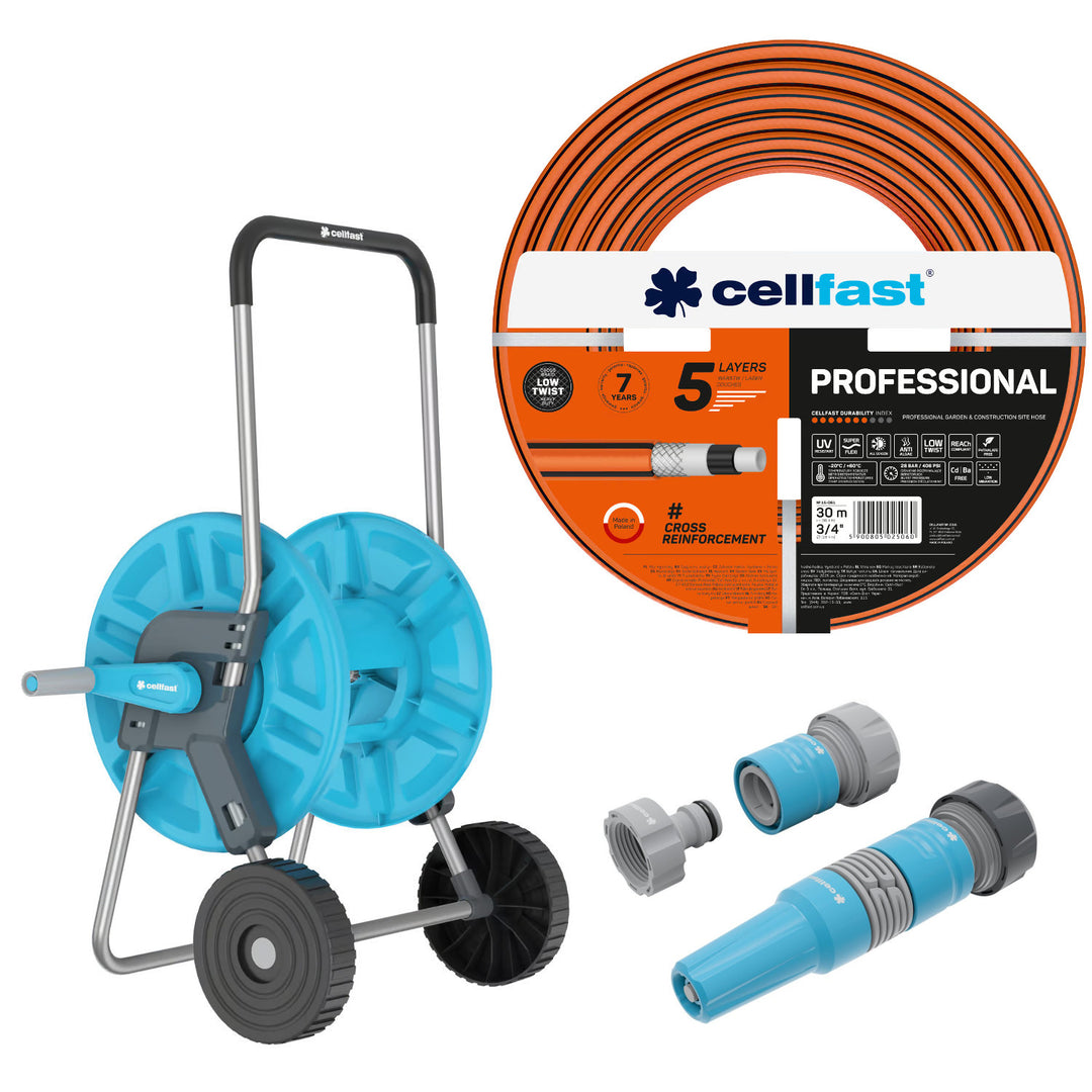 Tuyau d'arrosage Cellfast, PROFESSIONAL 3/4" 30 m + Kit avec arroseur droit 3/4" IDEAL + Chariot pour tuyau Cellfast Aluplus 1/2" 60 m
