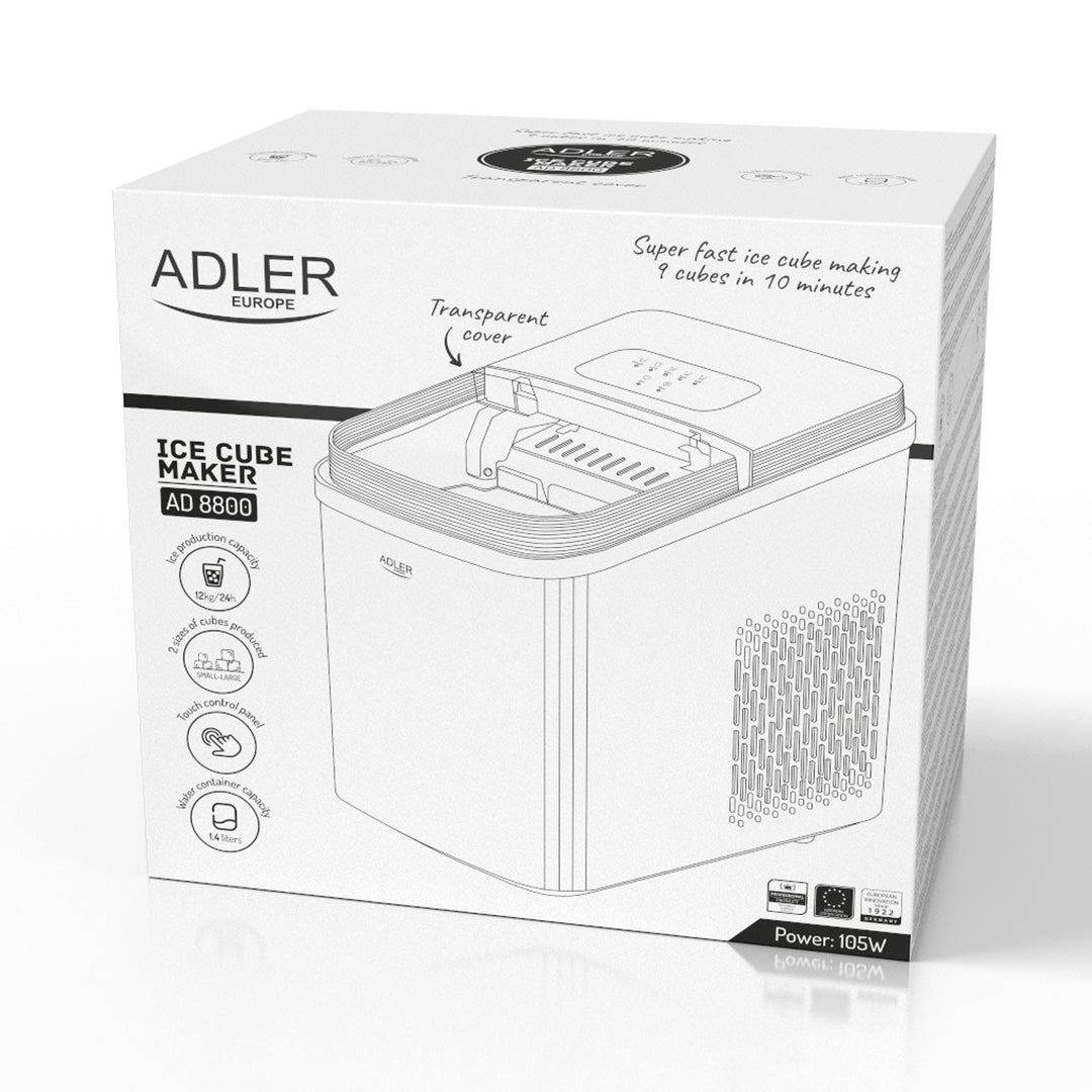 Ice maker, 12 kg/24h, 2 ice cube sizes, cleaning mode, quiet operation, touch panel, AD 8800, Adler