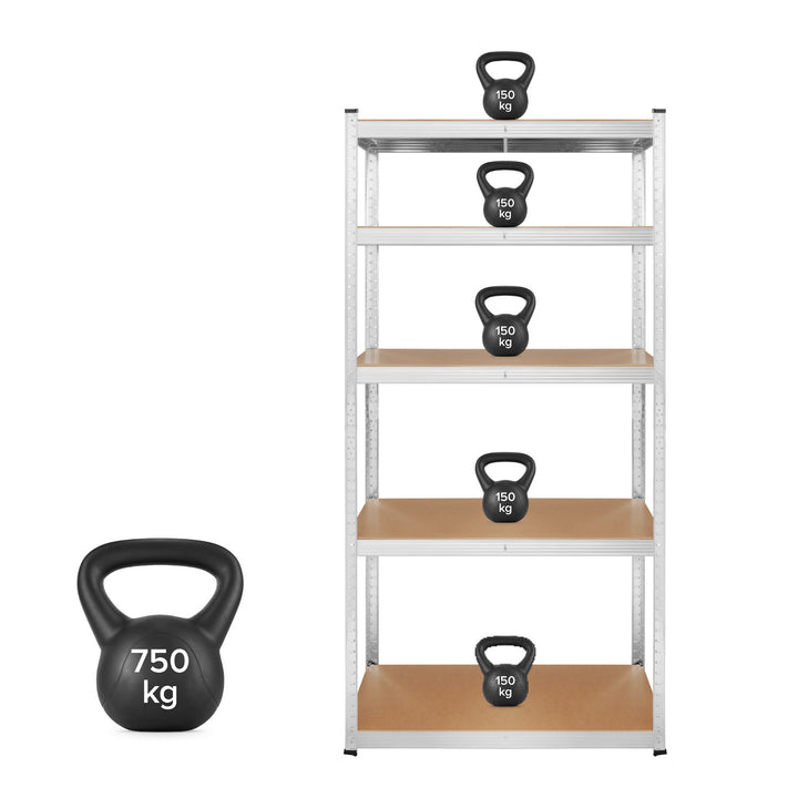 Metall-Lagerregal, 5 Fachböden, maximale Tragkraft bis zu 750 kg, 180 x 90 x 40, silberfarben, Rebel