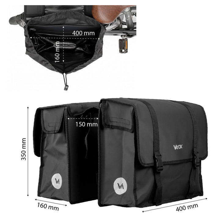 Doppelte PVC-Fahrradtasche für den Gepäckträger mit Halterung, schwarz, 40 l, VA0446, Vayox