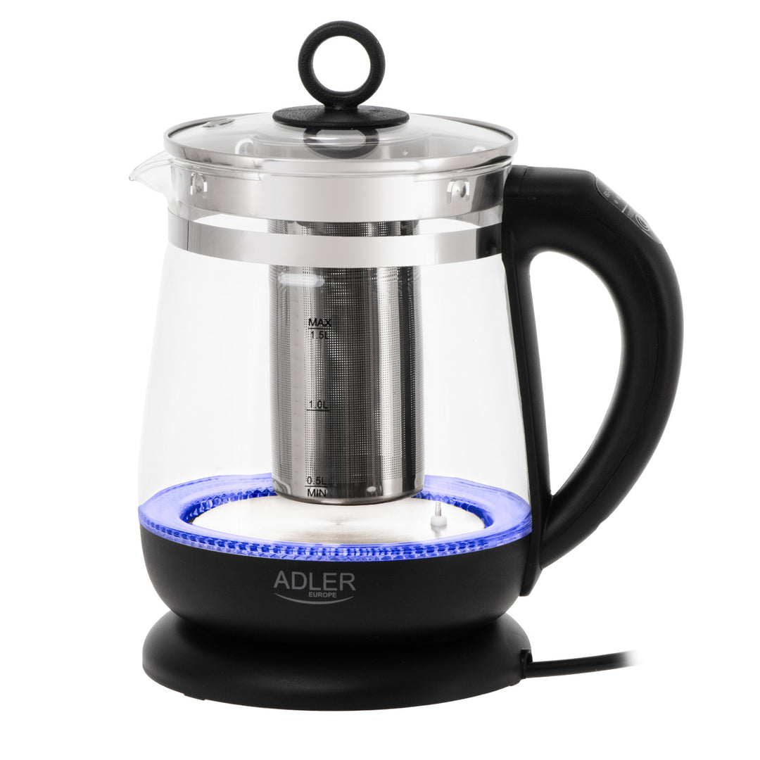 1.5 L Glass Kettle with Tea Infuser and Temperature Control, 2200W, LED, 60–100°C, Adler AD 1299, Black