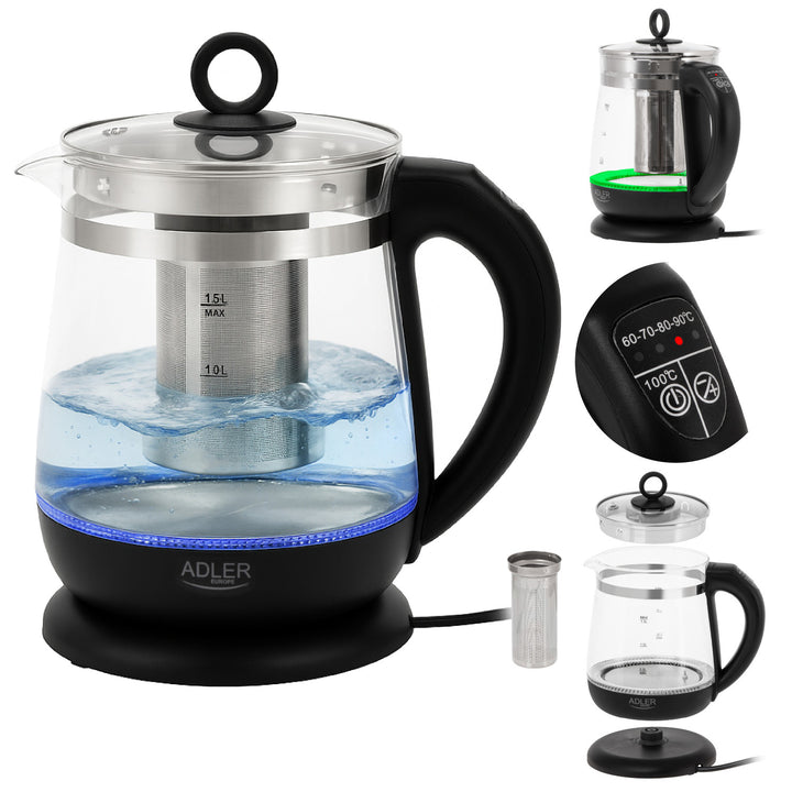 1.5 L Glass Kettle with Tea Infuser and Temperature Control, 2200W, LED, 60–100°C, Adler AD 1299, Black