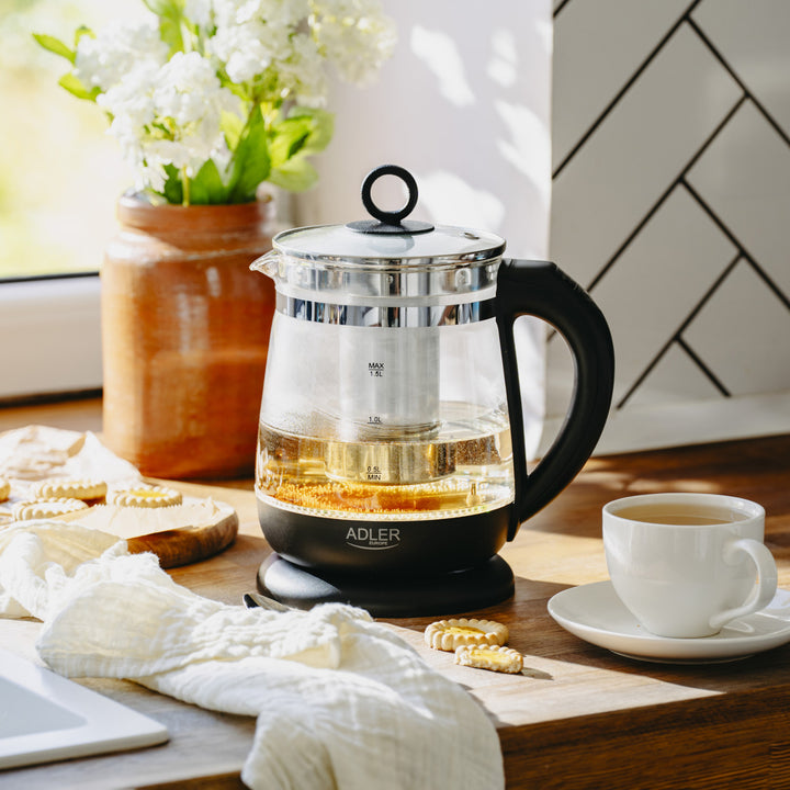 1.5 L Glass Kettle with Tea Infuser and Temperature Control, 2200W, LED, 60–100°C, Adler AD 1299, Black