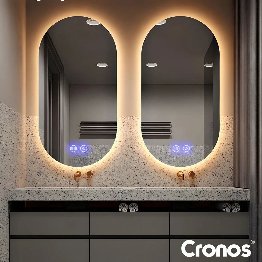 Cronos Heated Mirror, oval, 50x80 cm, LED in three colors, IP44 protection, anti-fog system