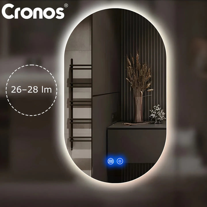 Cronos Heated Mirror, oval, 50x80 cm, LED in three colors, IP44 protection, anti-fog system