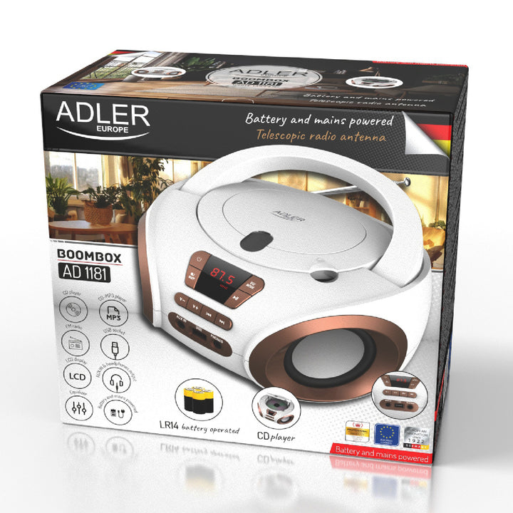 Boombox-Radio mit CD- und MP3-Player, USB, UKW-Radio, AUX-Anschluss, Kopfhöreranschluss, Adler, AD 1181