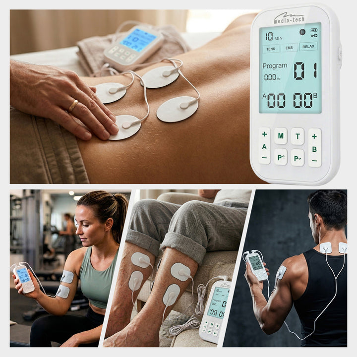 Aparato de masaje y electroestimulador muscular, TENS/EMS, estimulación 3 en 1, Mediatech, MT6543