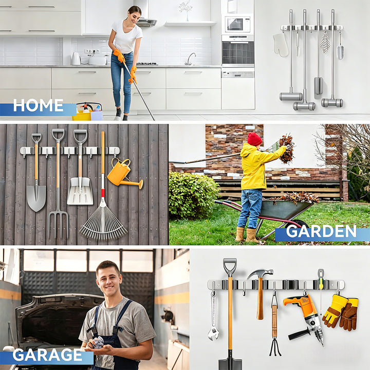 Maclean Wall-Mounted Organizer for Garden Tools and Mops, steel, with hooks, max. load 20 kg, width 49 cm, MC-184, 2 pieces