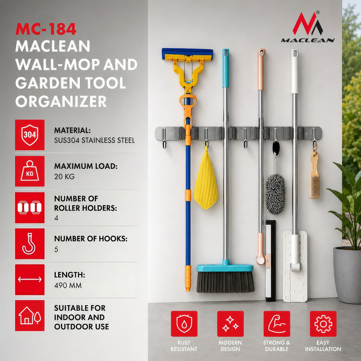 Maclean Wall-Mounted Organizer for Garden Tools and Mops, steel, with hooks, max. load 20 kg, width 49 cm, MC-184, 2 pieces