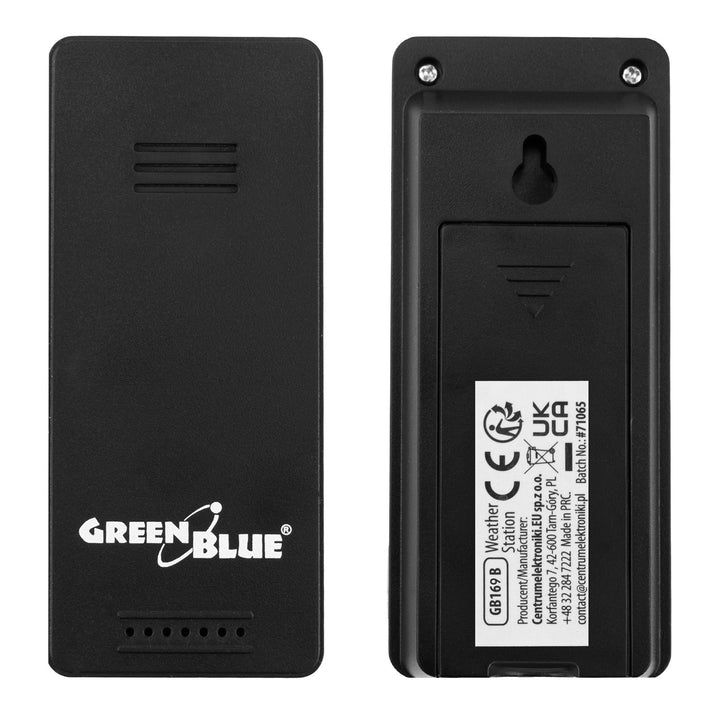GreenBlue Funk-Wetterstation, Temperatur + Luftfeuchtigkeit (innen/außen), Uhr + Wecker + Datum, °C / °F, bis zu 60 m, schwarz, GB169 B + 4 x Varta Industrial AAA-Alkalibatterien