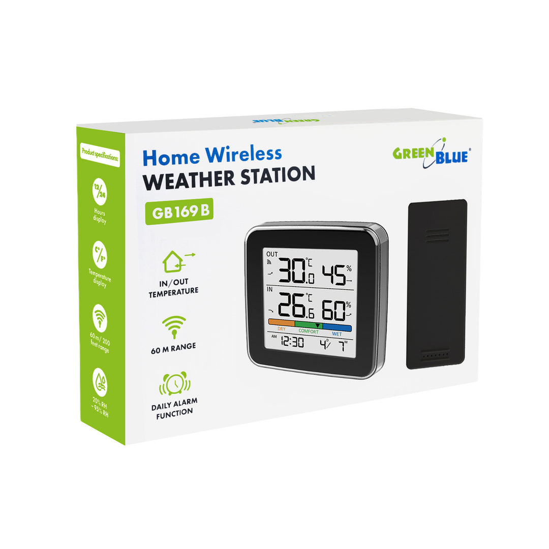 GreenBlue Funk-Wetterstation, Temperatur + Luftfeuchtigkeit (innen/außen), Uhr + Wecker + Datum, °C / °F, bis zu 60 m, schwarz, GB169 B + 4 x Varta Industrial AAA-Alkalibatterien