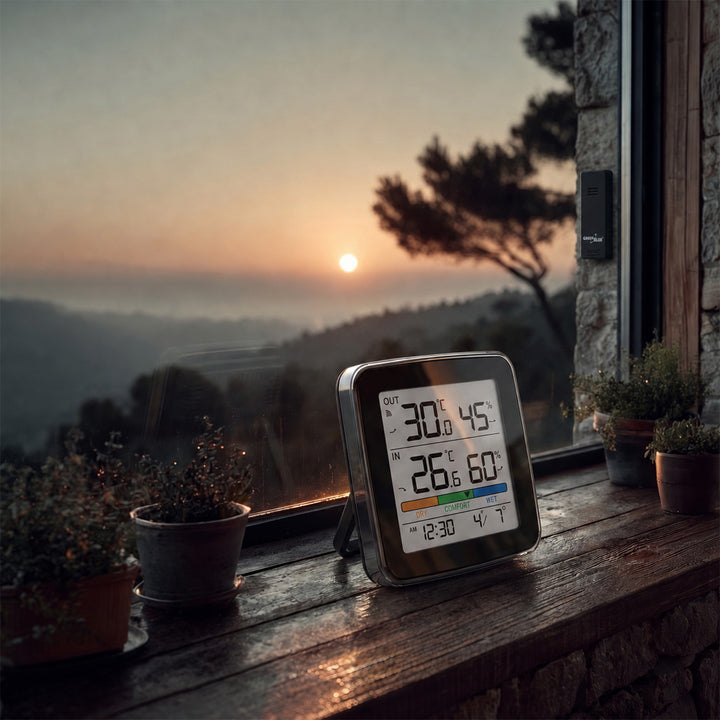 GreenBlue Funk-Wetterstation, Temperatur + Luftfeuchtigkeit (innen/außen), Uhr + Wecker + Datum, °C / °F, bis zu 60 m, schwarz, GB169 B + 4 x Varta Industrial AAA-Alkalibatterien