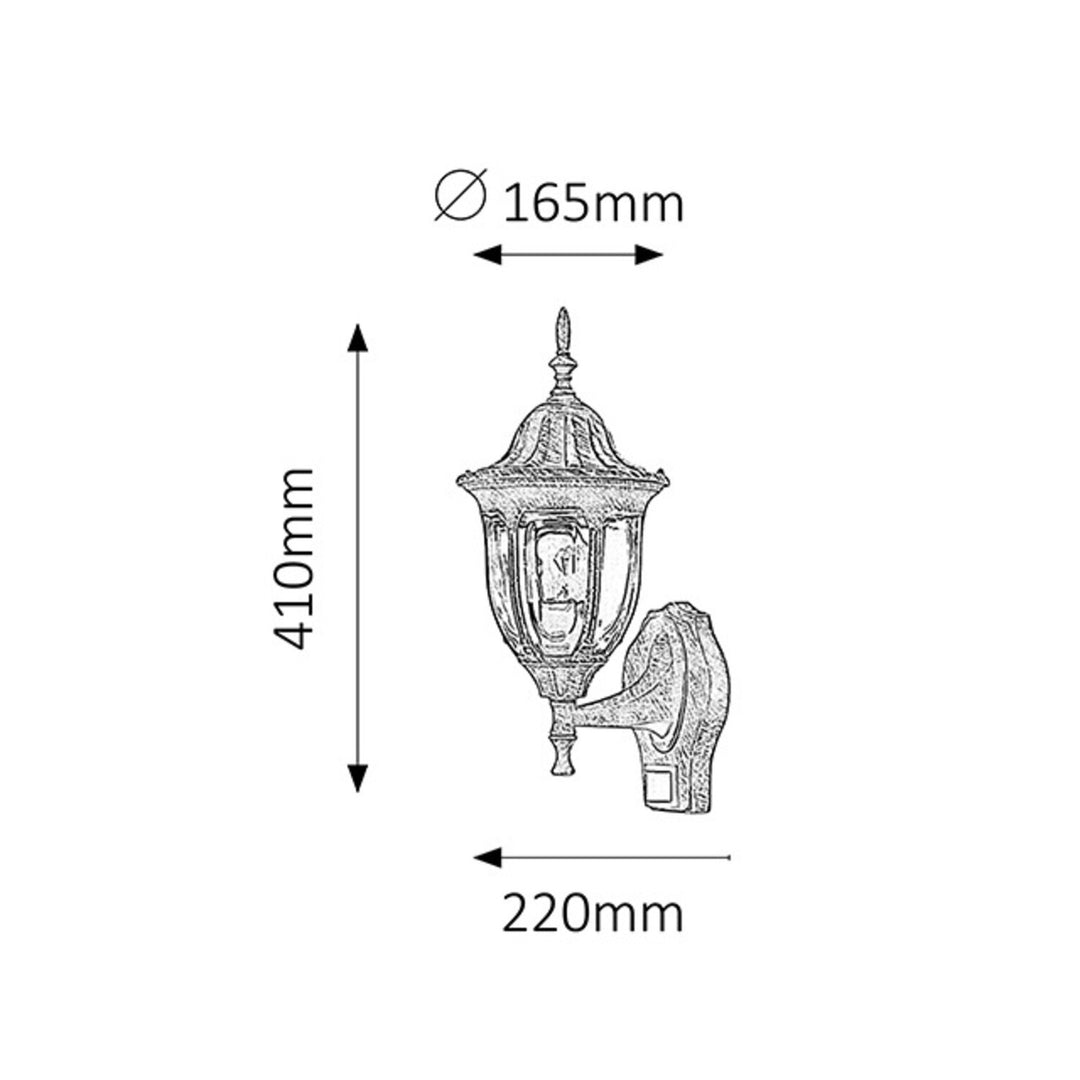 Applique murale Rabalux, d'extérieur, détecteur de mouvement, IP43, E27, 60 W max., or antique, Milano, 2 pièces