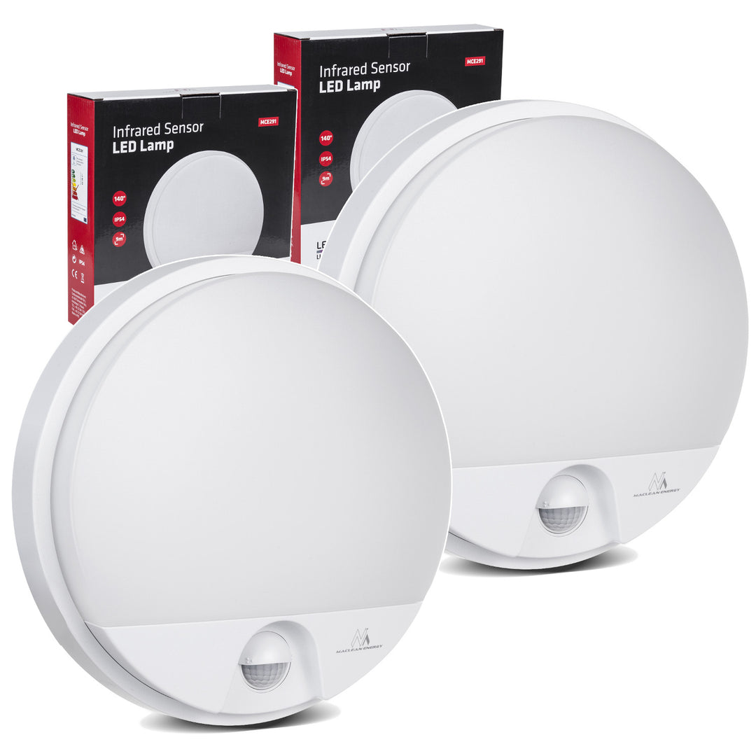 Maclean LED Light with Motion Sensor, PIR Sensor, White, 15W, IP54, 1100 lm, Neutral White, MCE291 W, 2 pieces