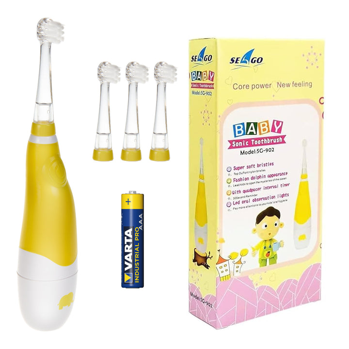 SEAGO Sonic Toothbrush for Children, Yellow, 4 Brush Heads, SG-902 Yellow + Varta Industrial AAA Alkaline Battery