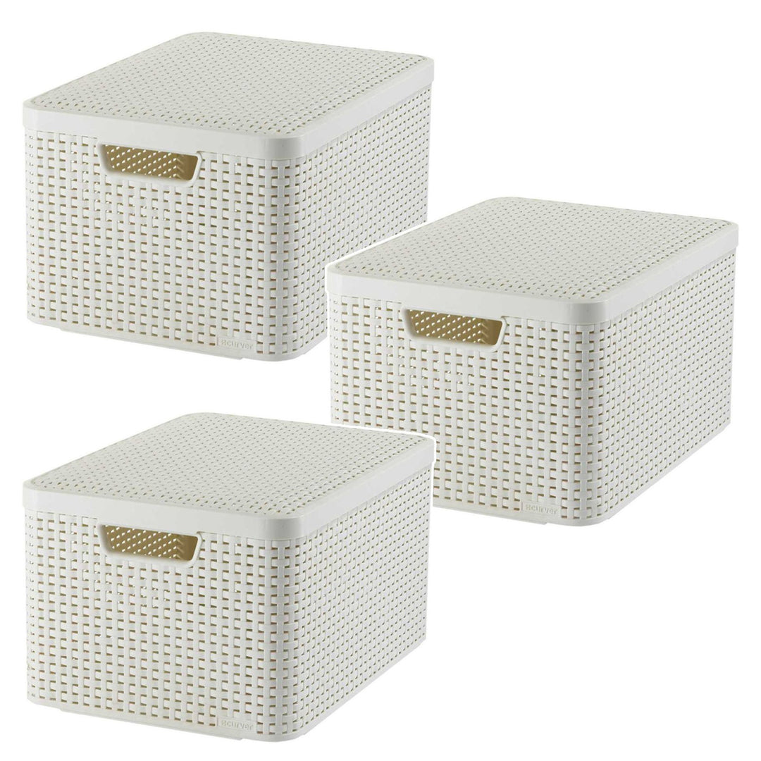 Curver Basket, Versatile, with Lid, Cream, Rattan Style L, 3 pieces