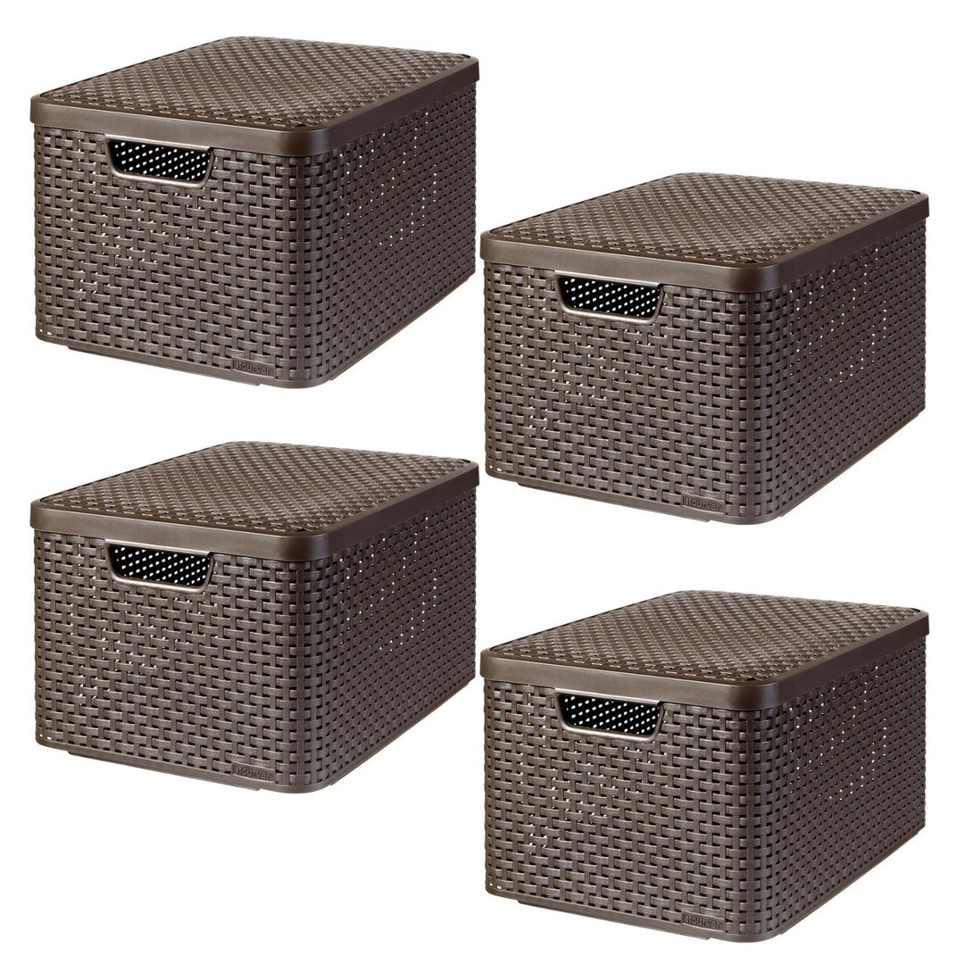 Curver Basket, Universal, with Lid, Brown, Rattan Style L, 4 pieces