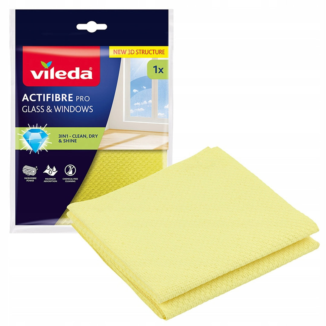 Vileda Actifibre Pro cloth for glass and windows, machine washable, PVA coating, streak- and smear-free, cleans with just water, 183298, 3 pieces
