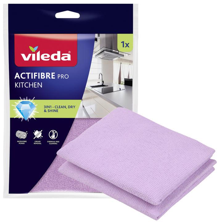 Vileda Actifibre Pro Kitchen Microfiber Cloth, PVA Coating, Machine Washable up to 60°C, 183303, 2 pieces