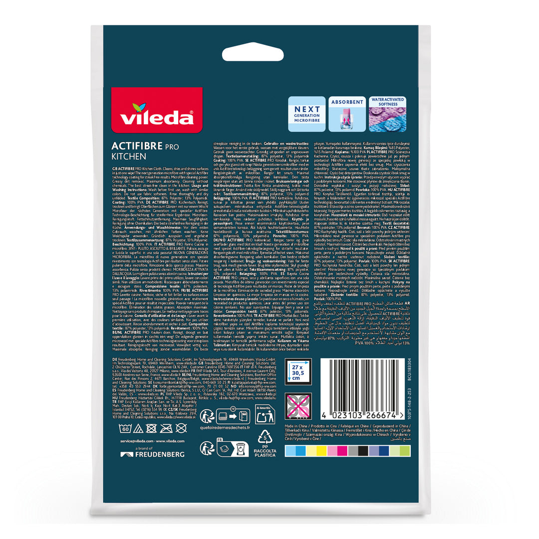 Vileda Actifibre Pro Kitchen Microfiber Cloth, PVA Coating, Machine Washable up to 60°C, 183303, 3 pieces