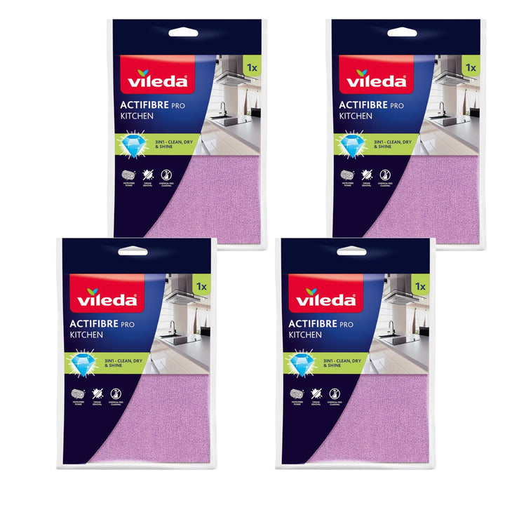 Vileda Actifibre Pro Kitchen Microfiber Cloth, PVA Coating, Machine Washable up to 60°C, 183303, 4 pieces
